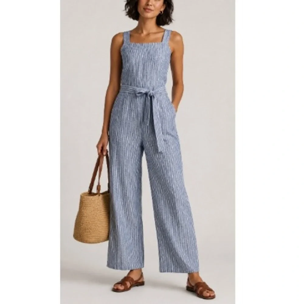 Quince Women's Chambray Stripe European Linen Square Neck Jumpsuit Size M NWT